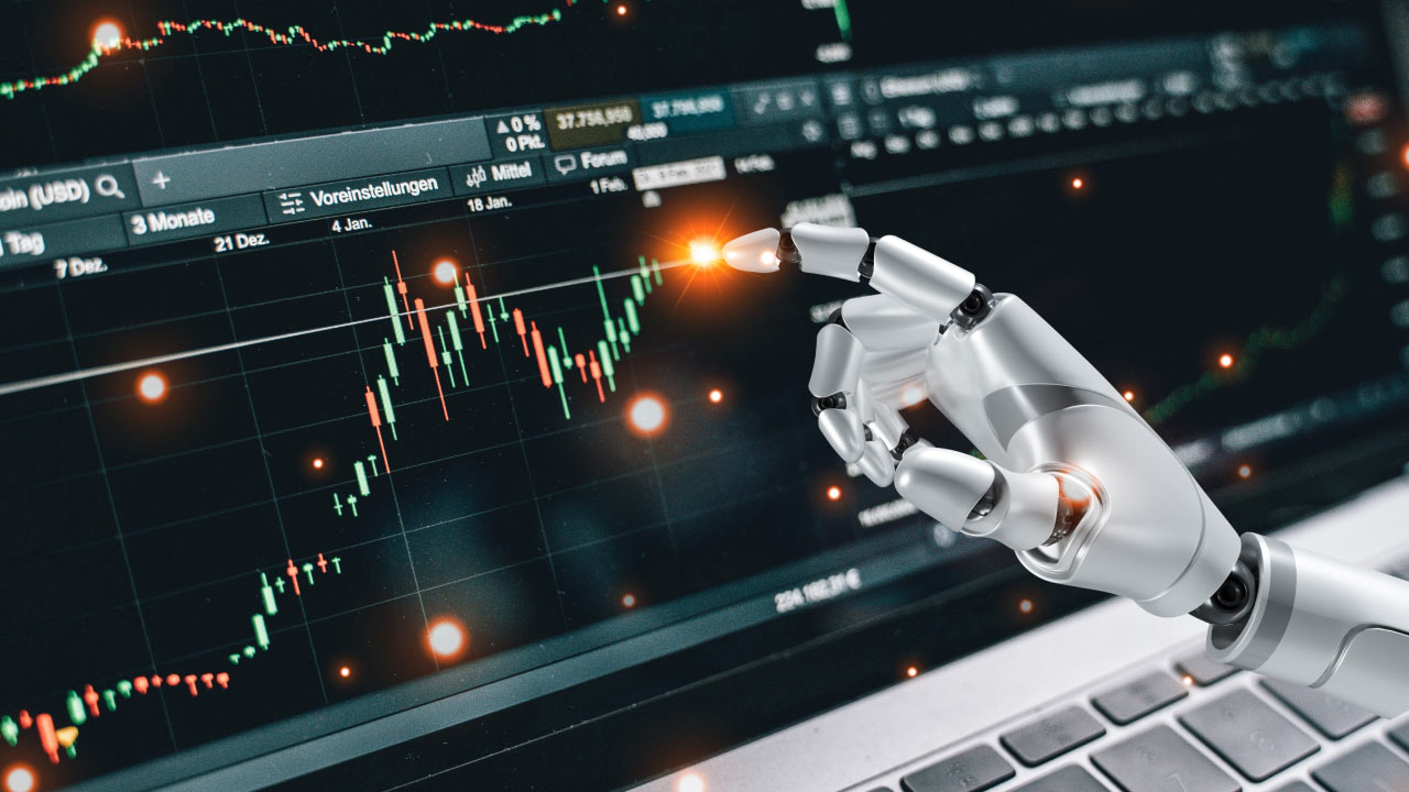 Benefits and Risks of Using AI in Trading: A robotic hand interacting with a forex trading chart on a computer screen, symbolizing AI-driven trading strategies.