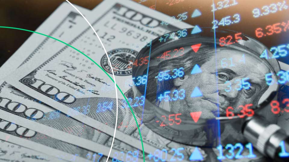 How to Use the USDX for Forex Trading – U.S. dollar bills with a magnifying glass overlaying forex market data, symbolizing the role of the U.S. Dollar Index (USDX) in currency trading.