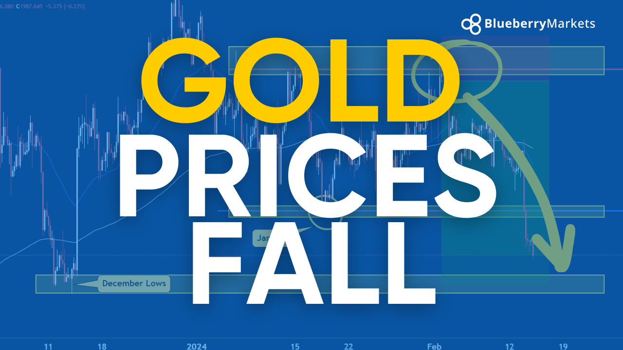 Bold text stating "GOLD PRICES FALL" overlaid on a candlestick chart, with a large downward green arrow, illustrating the question: will gold prices fall further?