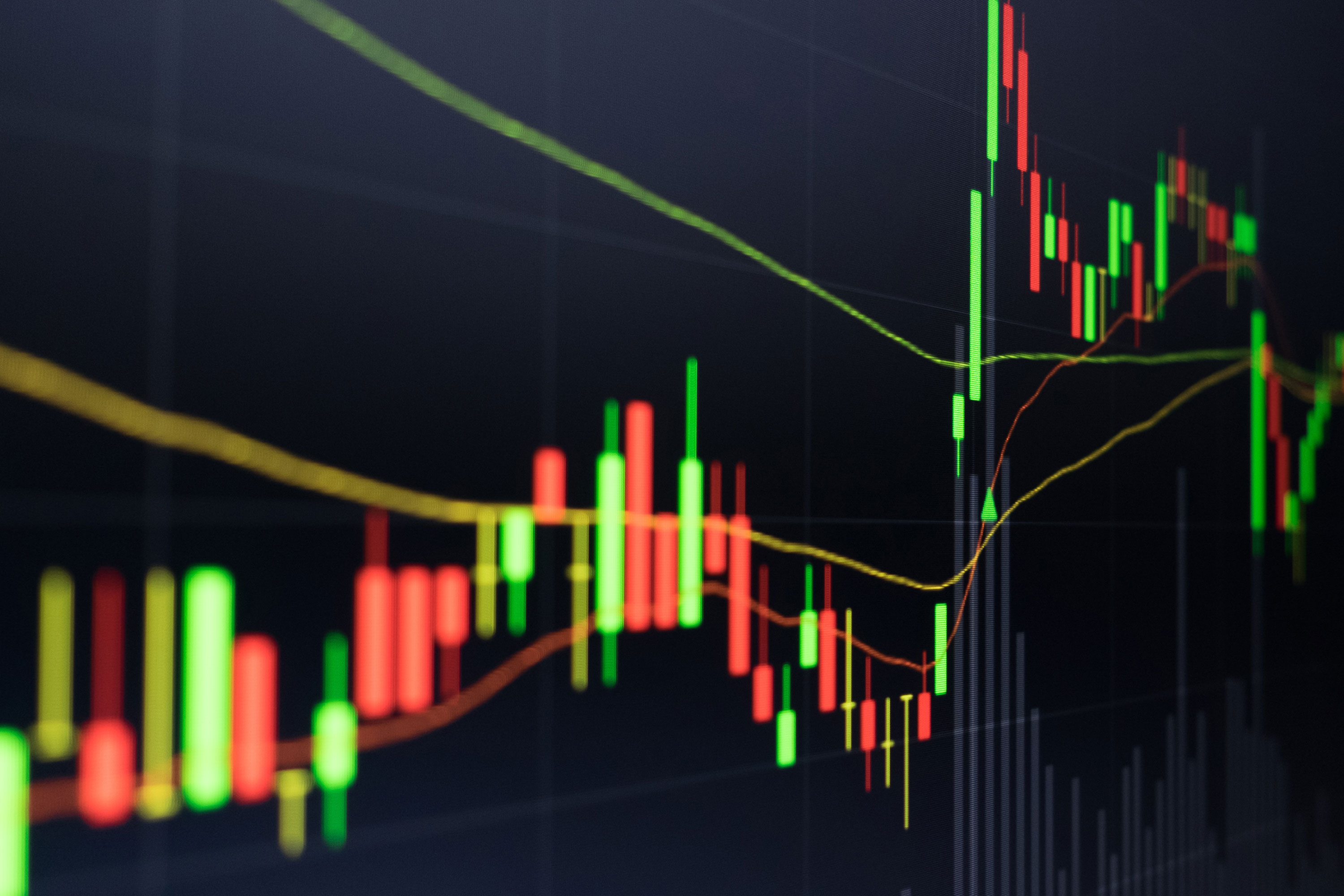 Exhaustion Gap: How to Trade the Final Push – A candlestick chart with red and green bars, moving averages, and volume indicators representing price fluctuations in financial markets.