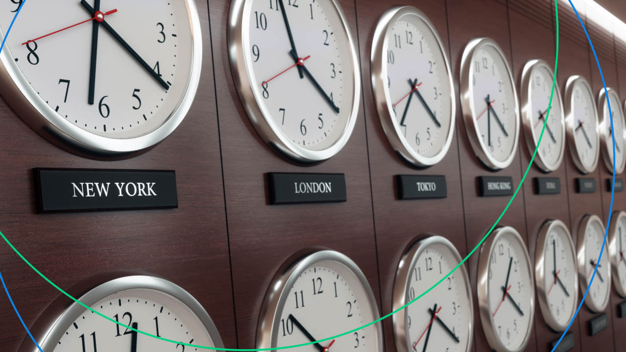 Major Forex Market Hours and Trading Sessions — row of wall clocks displaying current times in various global cities including New York, London, Tokyo, and Hong Kong, symbolizing the 24-hour nature of forex trading across global sessions.