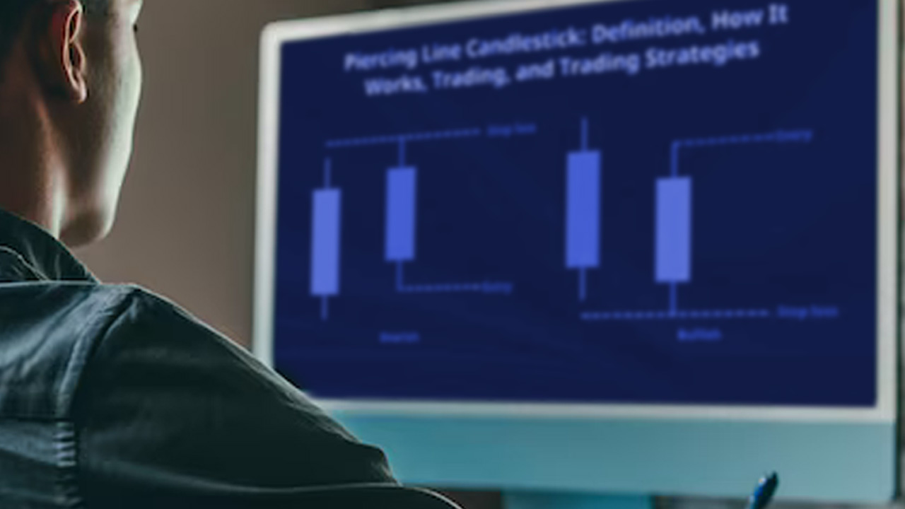 A trader analyzing a computer screen displaying a chart and candlestick patterns for the Piercing Line pattern, with trading strategies for bearish and bullish setups.