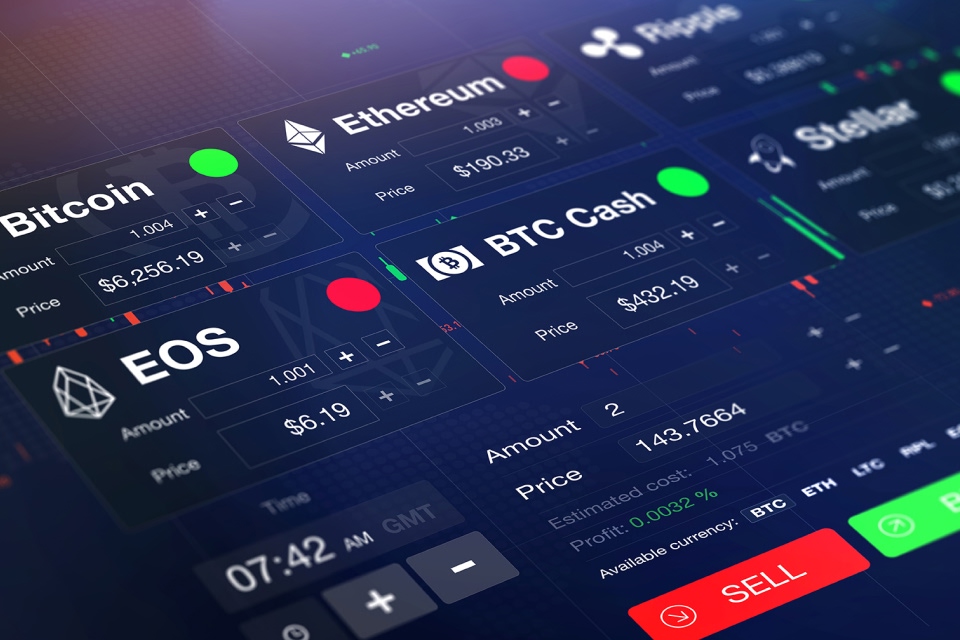 A digital trading interface displaying various cryptocurrency prices, including Bitcoin, Ethereum, BTC Cash, and EOS, with buy and sell options and real-time market data.