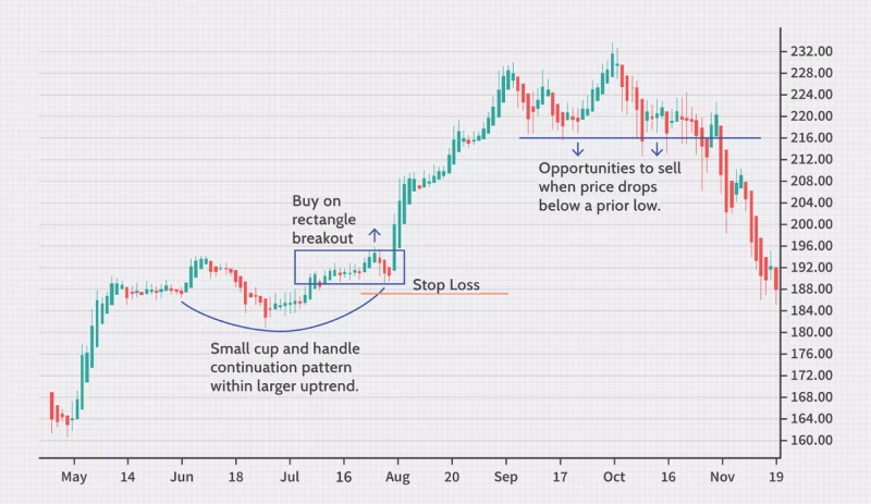 chart showing a small cup and handle continuation pattern within a larger uptrend from May to August.