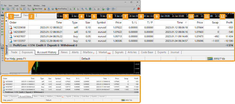 MetaTrader 5 trading platform showing the 'Account History' tab