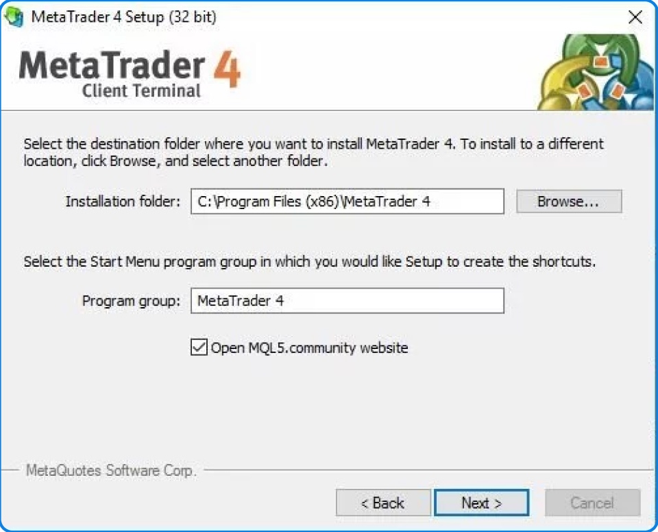 Screenshot of the MetaTrader 4 (32-bit) installation window.