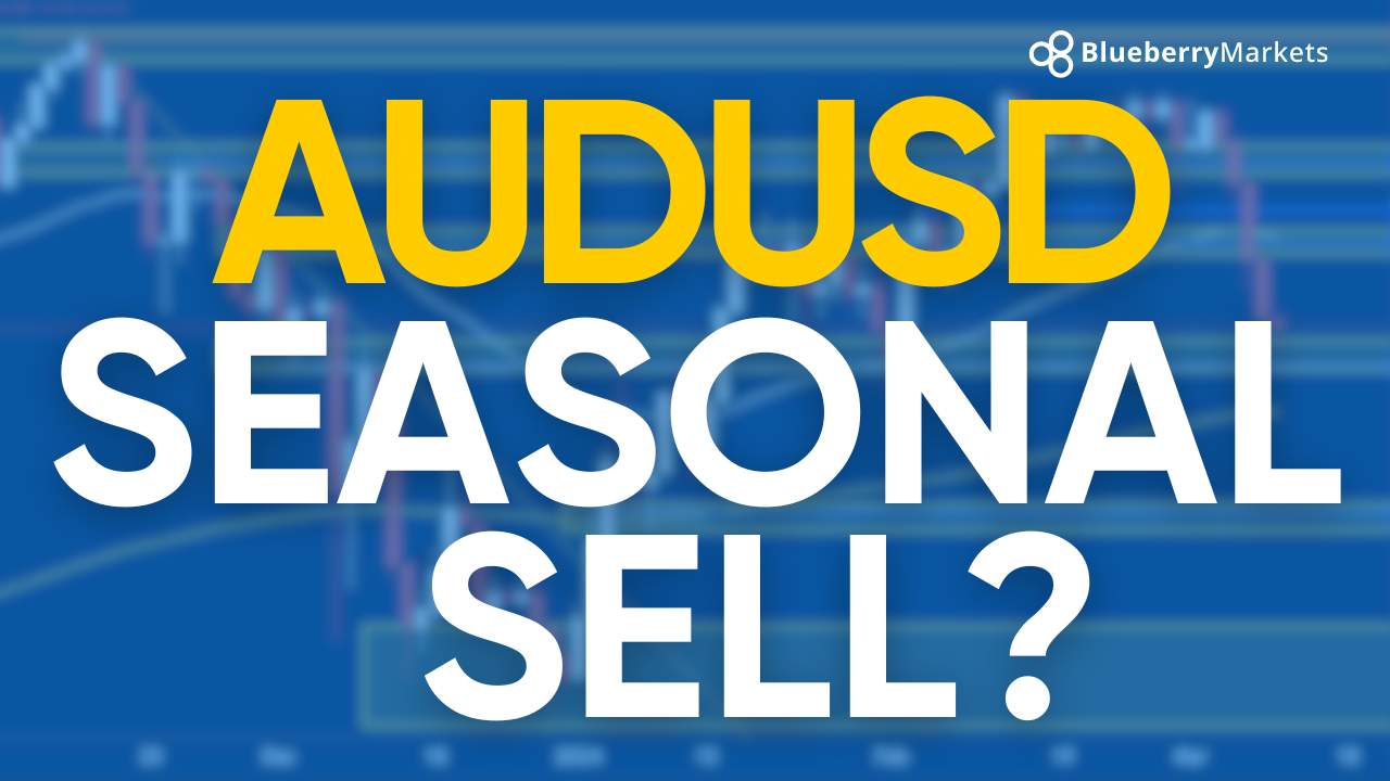 Image with bold text reading "AUDUSD SEASONAL SELL?" in large yellow and white letters.