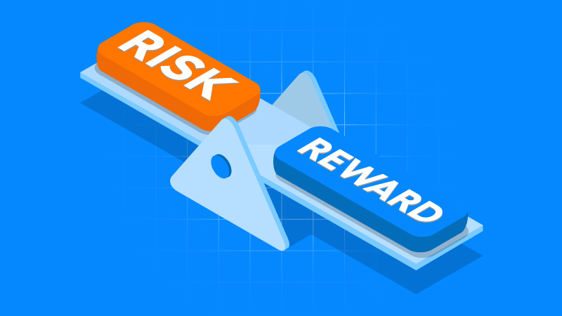 Illustration of a seesaw balancing 'Risk' in orange and 'Reward' in blue against a blue grid background.