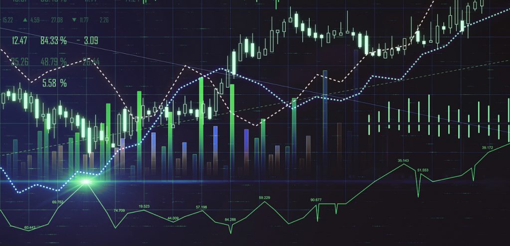 A digital stock market chart displaying candlestick patterns, volume bars, trendlines, and various trading indicators on a dark background.